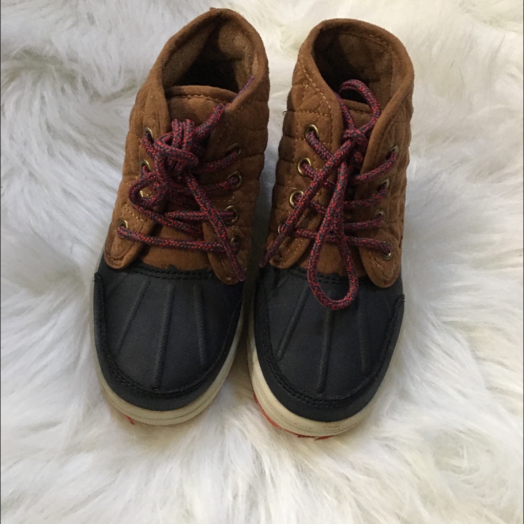 Osh Kosh Ankle Boots Brown Cloth Navy Rubber Front